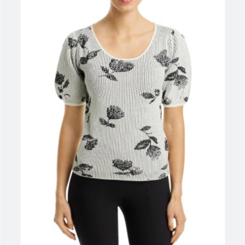 NWOT T Tahari Floral Blouson Puff Sleeve Striped Sweater Top SZ XL